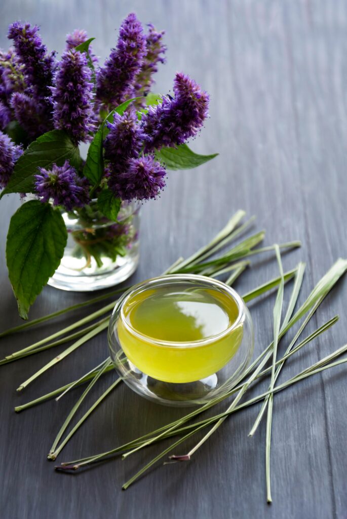 A refreshing herbal tea surrounded by purple Korean mint flowers and lemongrass on a slate background.